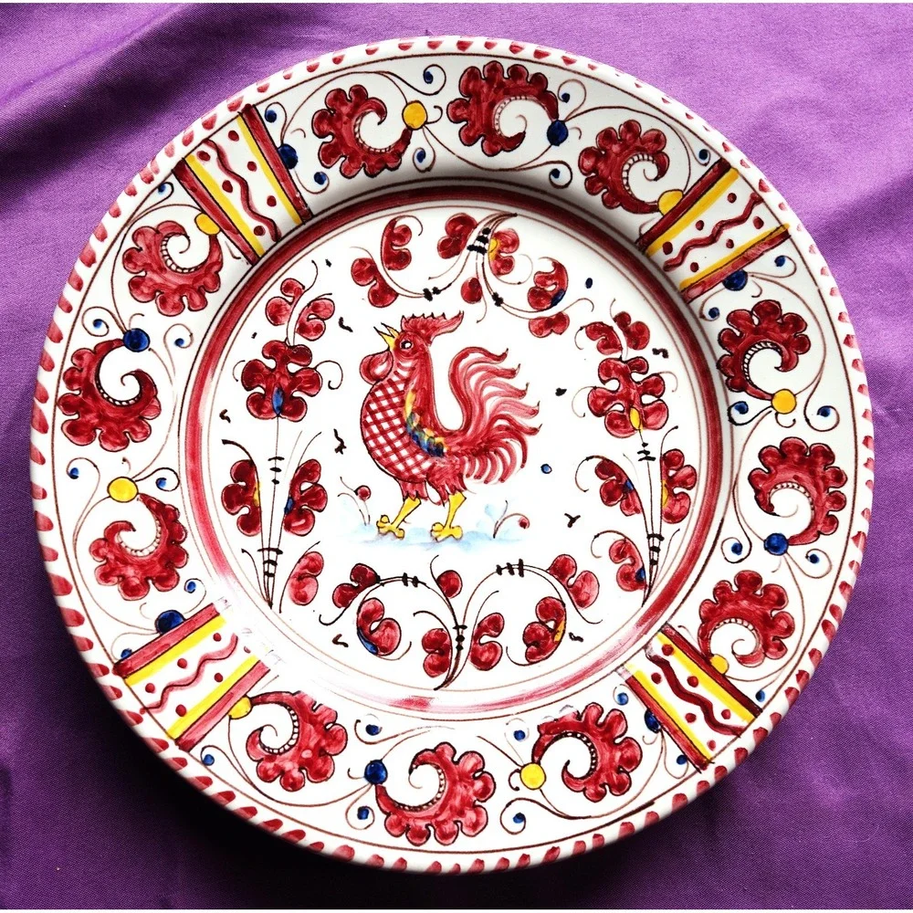 Vintage PV Deruta Italy Singing Red ROOSTER Peasant Valley Salad Plate 8
